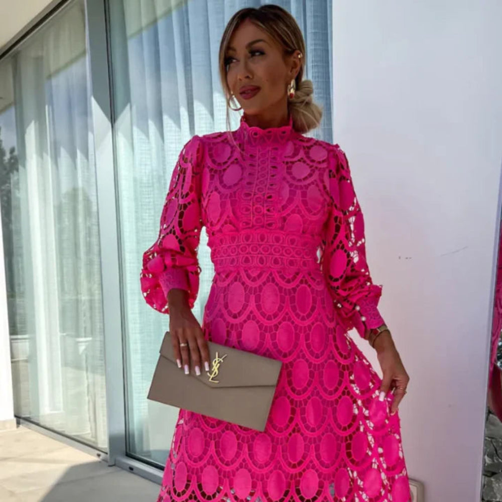 Women's Elegant Lace Formal Dress - Long Sleeve Midi