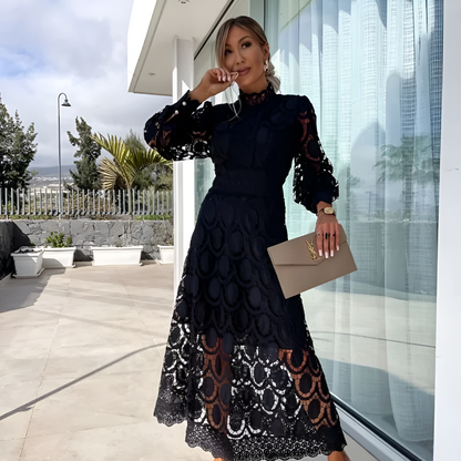 Women's Elegant Lace Formal Dress - Long Sleeve Midi
