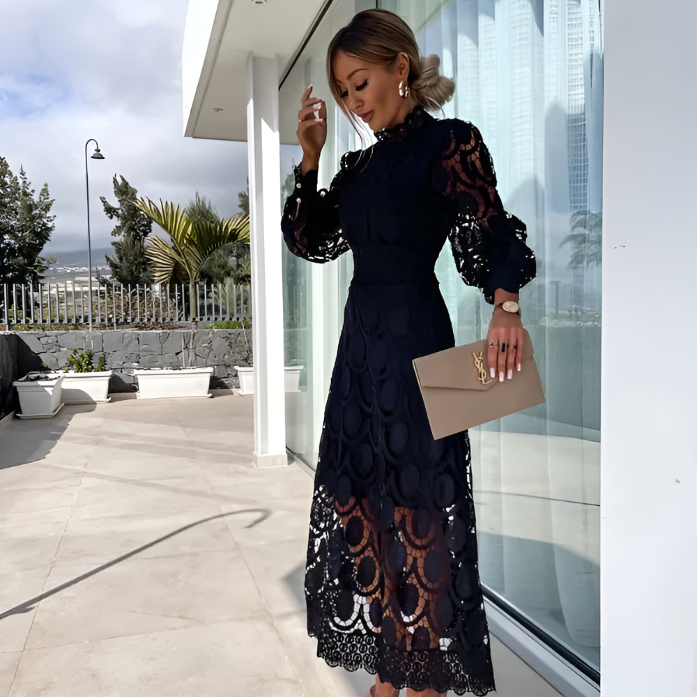 Women's Elegant Lace Formal Dress - Long Sleeve Midi