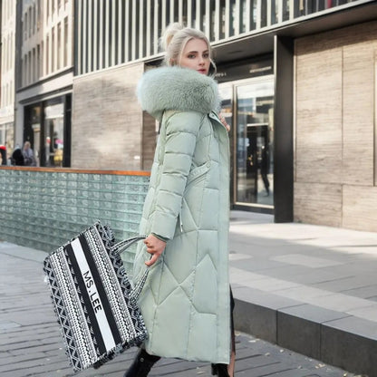 Women Long Puffer Winter Coat Faux Fur Hood - Warm Elegant