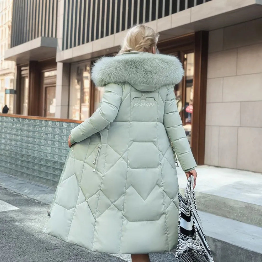 Women Long Puffer Winter Coat Faux Fur Hood - Warm Elegant