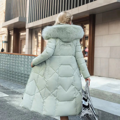 Women Long Puffer Winter Coat Faux Fur Hood - Warm Elegant
