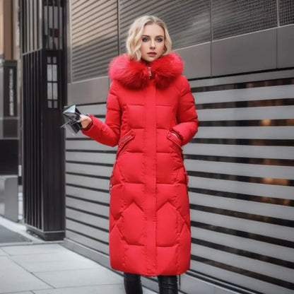 Women Long Puffer Winter Coat Faux Fur Hood - Warm Elegant