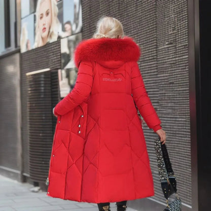Women Long Puffer Winter Coat Faux Fur Hood - Warm Elegant