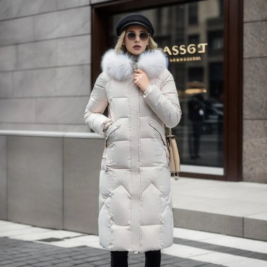Women Long Puffer Winter Coat Faux Fur Hood - Warm Elegant