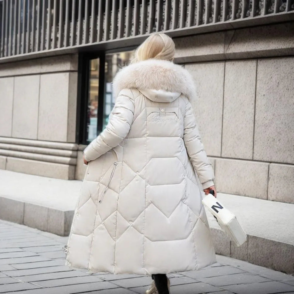 Women Long Puffer Winter Coat Faux Fur Hood - Warm Elegant