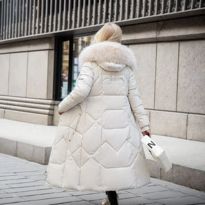Women Long Puffer Winter Coat Faux Fur Hood - Warm Elegant