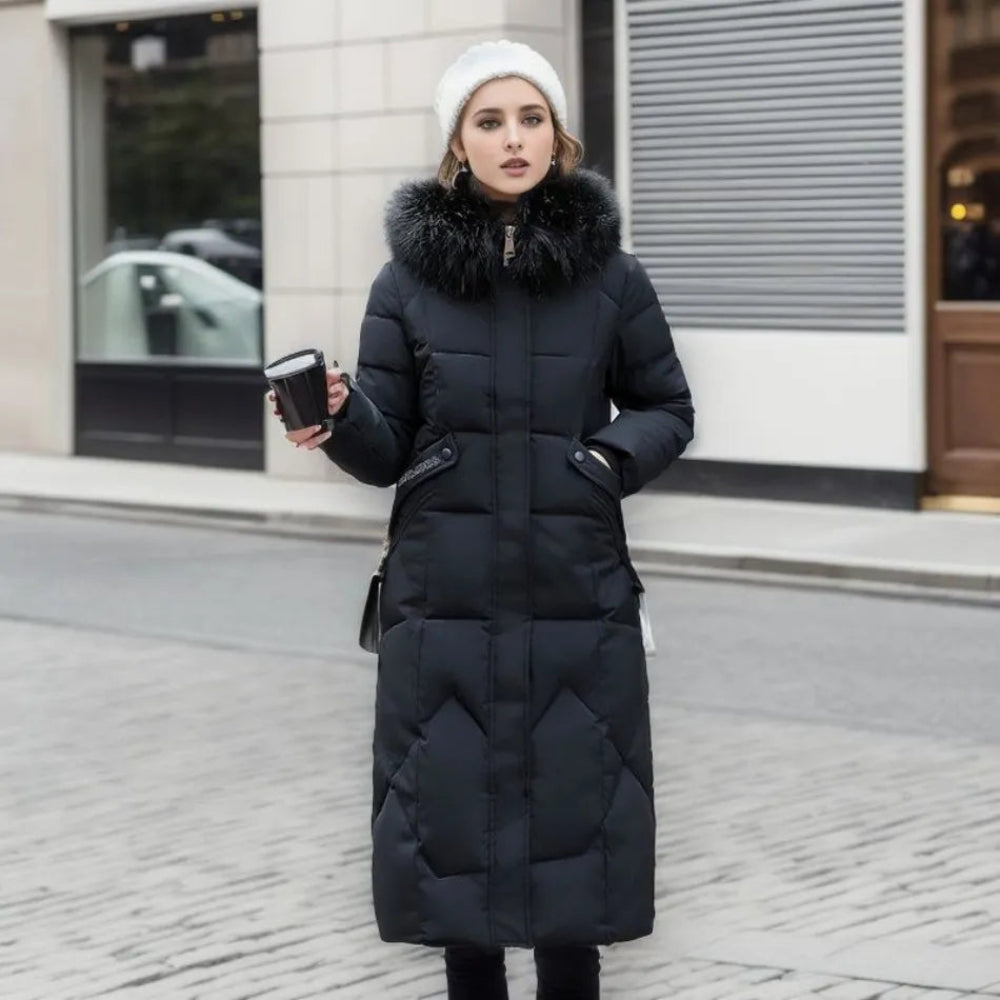 Women Long Puffer Winter Coat Faux Fur Hood - Warm Elegant