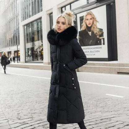 Women Long Puffer Winter Coat Faux Fur Hood - Warm Elegant