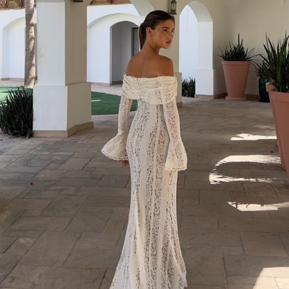 Women's Off Shoulder Lace Bodycon Dress - Long Sleeve Mermaid Maxi