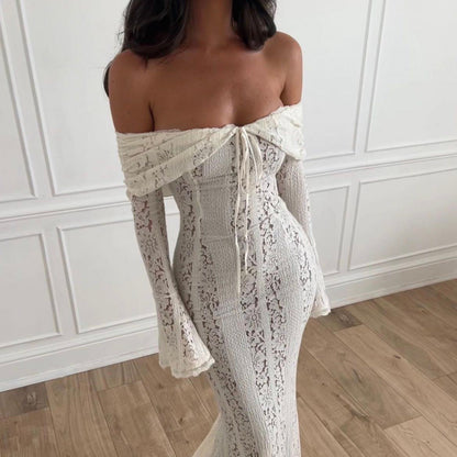 Women's Off Shoulder Lace Bodycon Dress - Long Sleeve Mermaid Maxi
