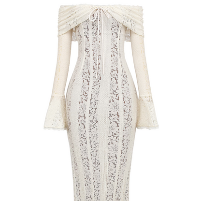 Women's Off Shoulder Lace Bodycon Dress - Long Sleeve Mermaid Maxi