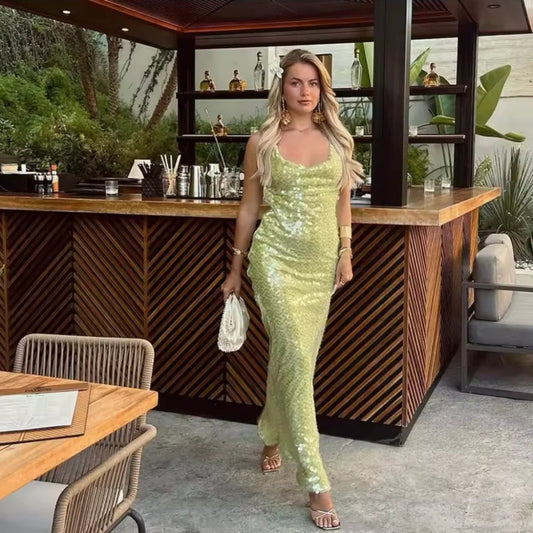Women's Sequin Sleeveless Party Dress - Bodycon Spaghetti Strap Maxi