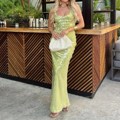 Women's Sequin Sleeveless Party Dress - Bodycon Spaghetti Strap Maxi