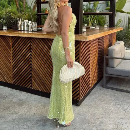 Women's Sequin Sleeveless Party Dress - Bodycon Spaghetti Strap Maxi