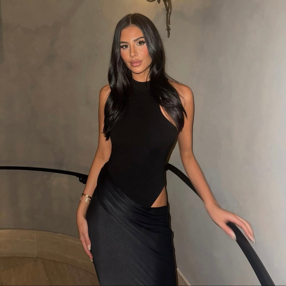 Women's Sleeveless Evening Dress - Bodycon High Neck Maxi