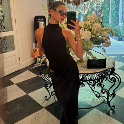 Women's Sleeveless Evening Dress - Bodycon High Neck Maxi