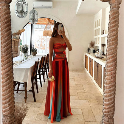 Women's Strapless Cutout Evening Dress - Flowing Bandeau Maxi