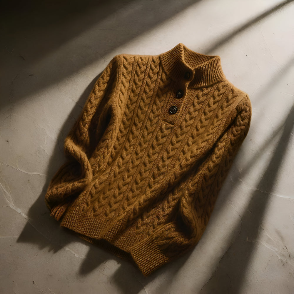 Women's Cable Knit Cashmere Sweater – Long Sleeve Button Neck