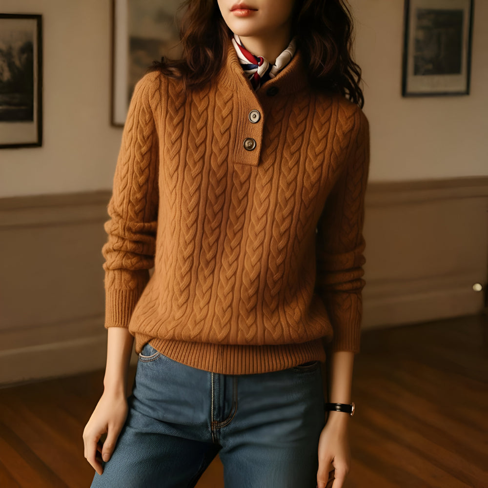 Women's Cable Knit Cashmere Sweater – Long Sleeve Button Neck