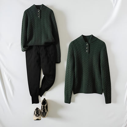 Women's Cable Knit Cashmere Sweater – Long Sleeve Button Neck