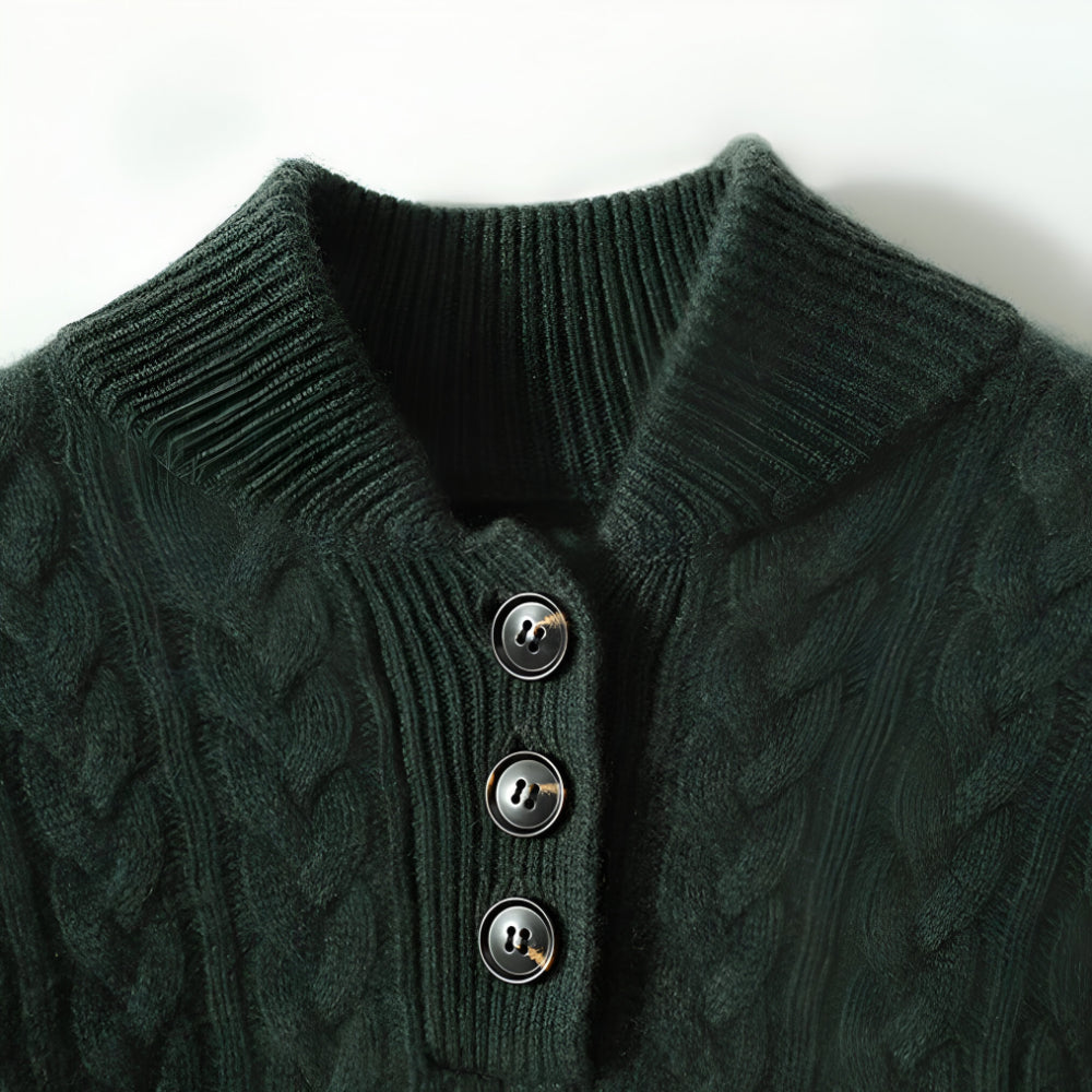 Women's Cable Knit Cashmere Sweater – Long Sleeve Button Neck