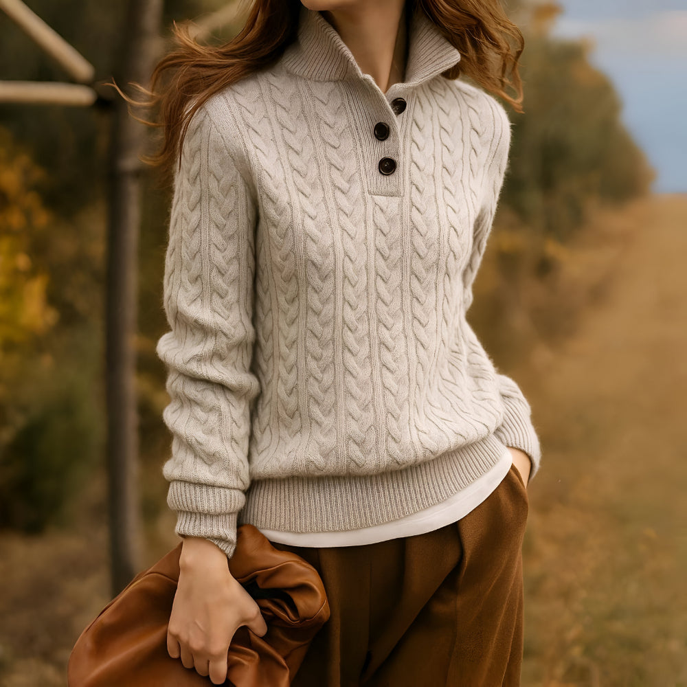 Women's Cable Knit Cashmere Sweater – Long Sleeve Button Neck