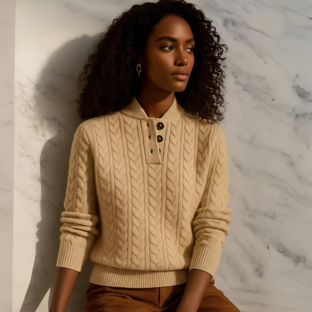 Women's Cable Knit Cashmere Sweater – Long Sleeve Button Neck
