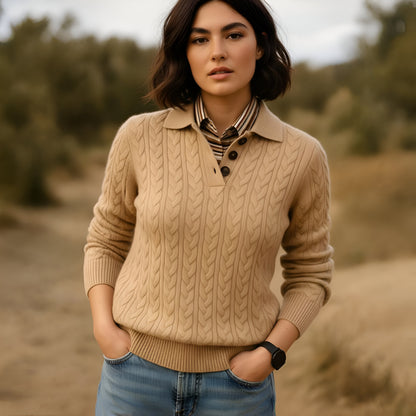 Women's Cable Knit Cashmere Sweater – Long Sleeve Button Neck