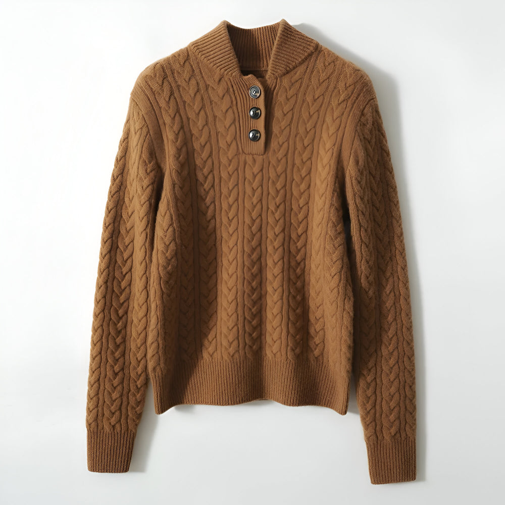 Women's Cable Knit Cashmere Sweater – Long Sleeve Button Neck