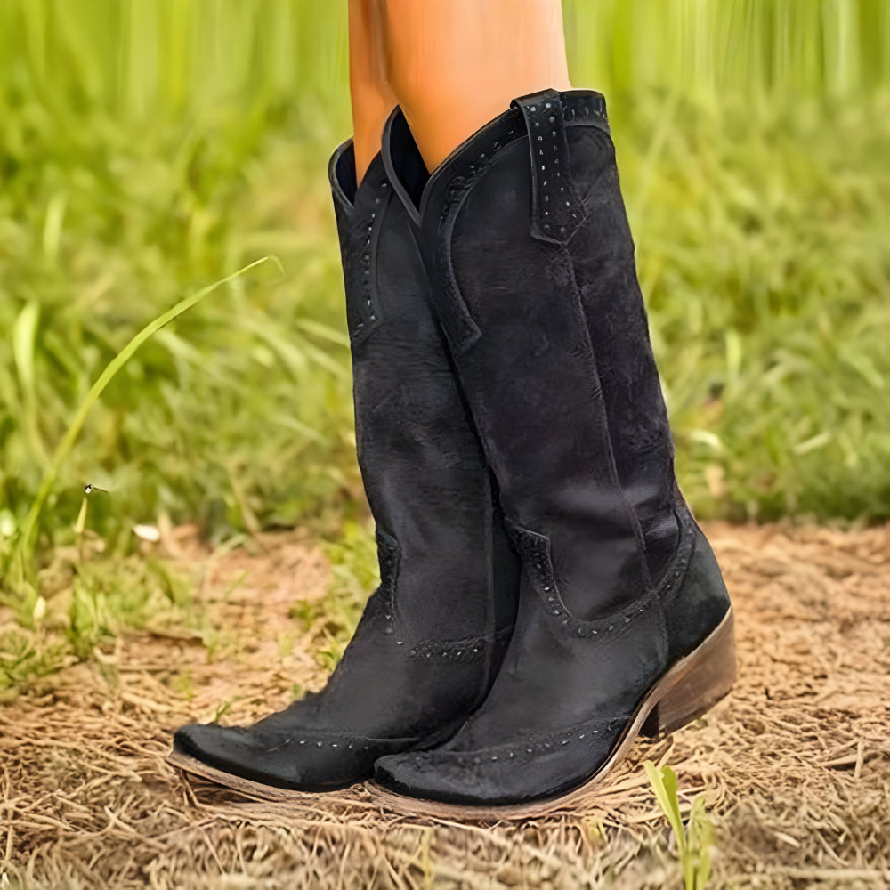 Women's Distressed Knee High Boots – Studded High Shaft