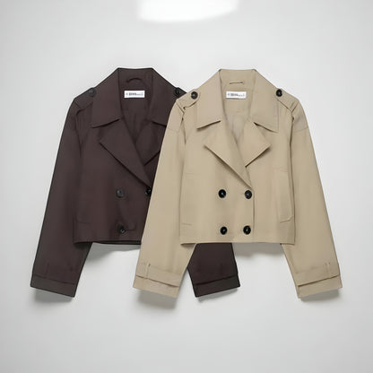Women’s Stylish Double-Breasted Trench Coat – Cropped Pockets