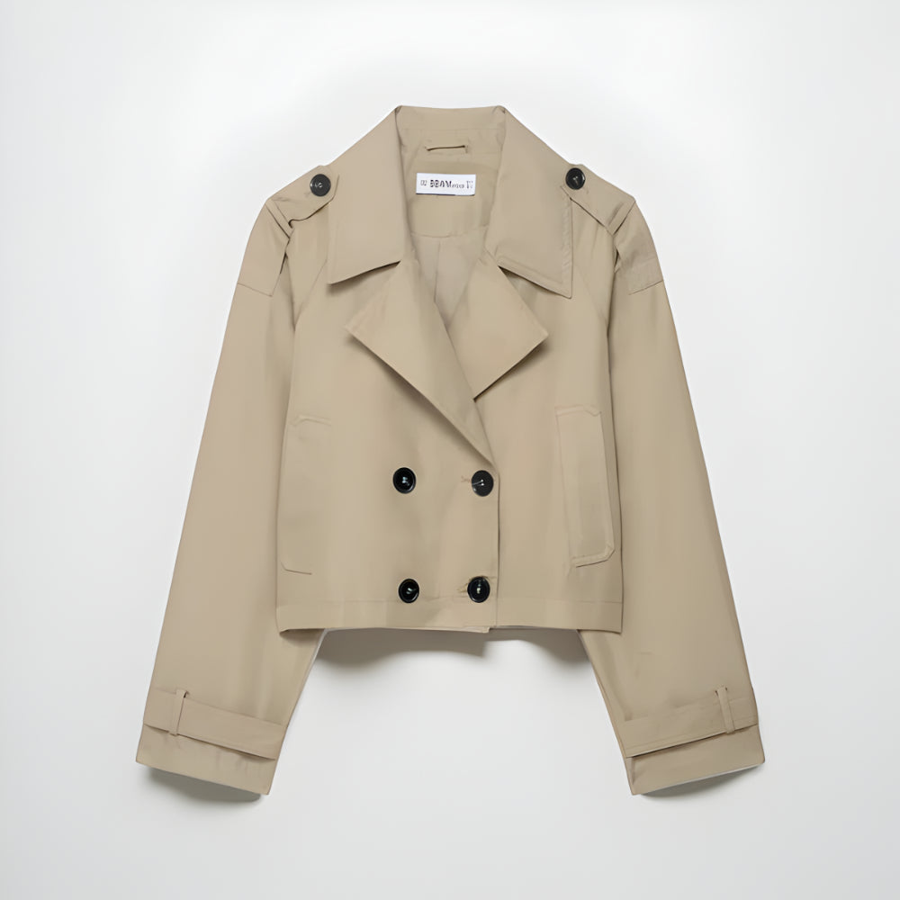 Women’s Stylish Double-Breasted Trench Coat – Cropped Pockets