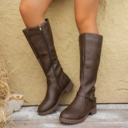 Women's Stylish Knee High Boots – Zipper Low Heel