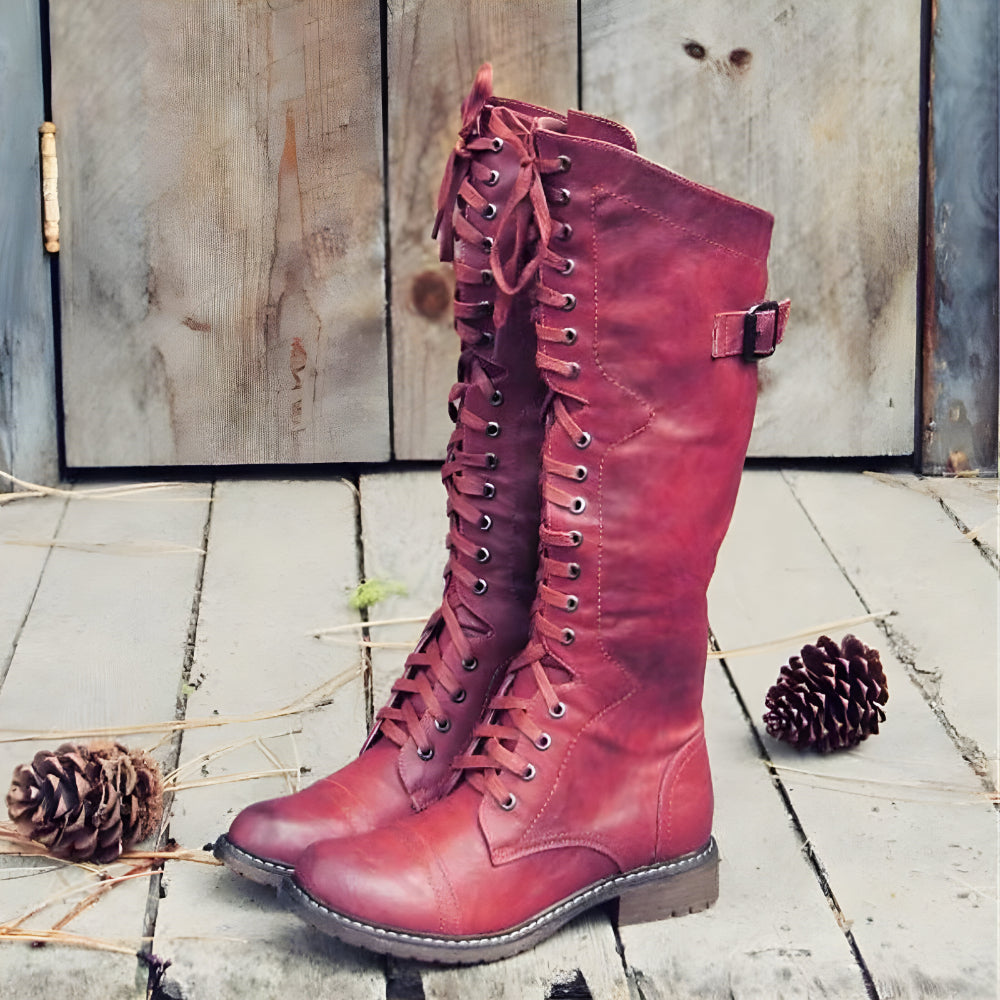 Women's Stylish Lace-Up Knee High Boots – Vintage Buckle Detail