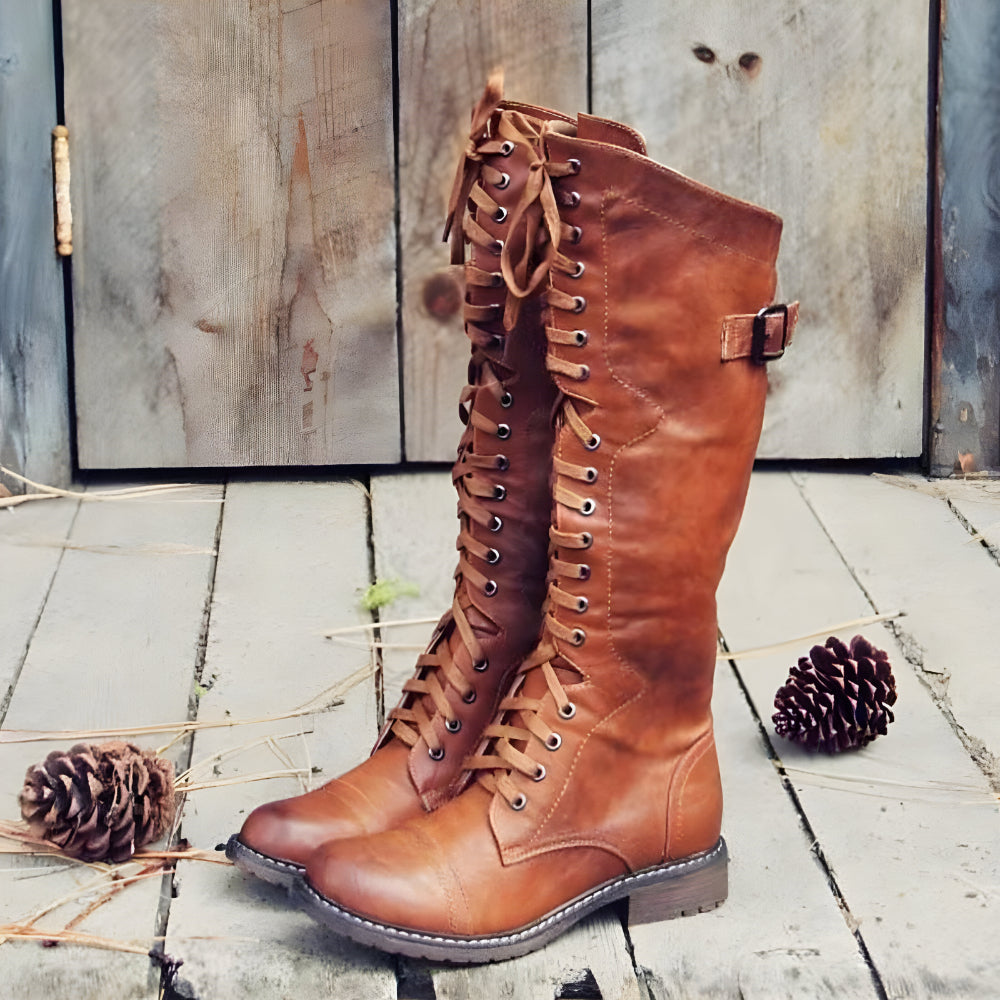 Women's Stylish Lace-Up Knee High Boots – Vintage Buckle Detail