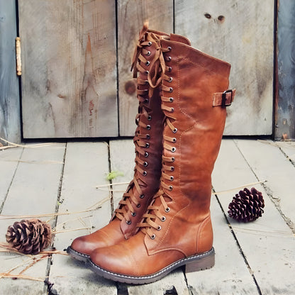 Women's Stylish Lace-Up Knee High Boots – Vintage Buckle Detail