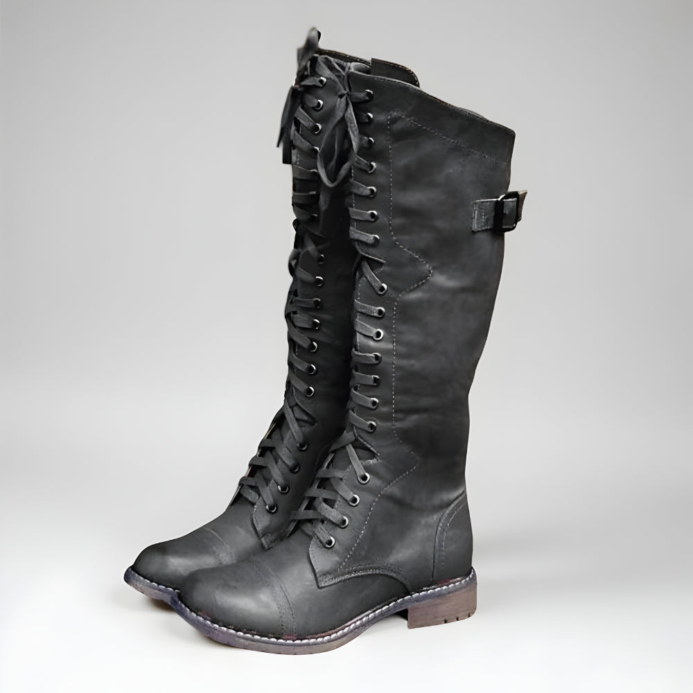Women's Stylish Lace-Up Knee High Boots – Vintage Buckle Detail