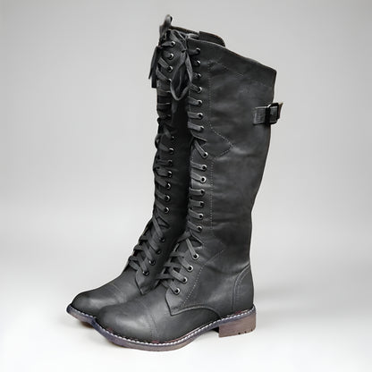 Women's Stylish Lace-Up Knee High Boots – Vintage Buckle Detail