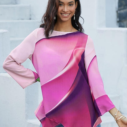 Women's Abstract Print Long Sleeve Blouse - Loose Asymmetrical Top