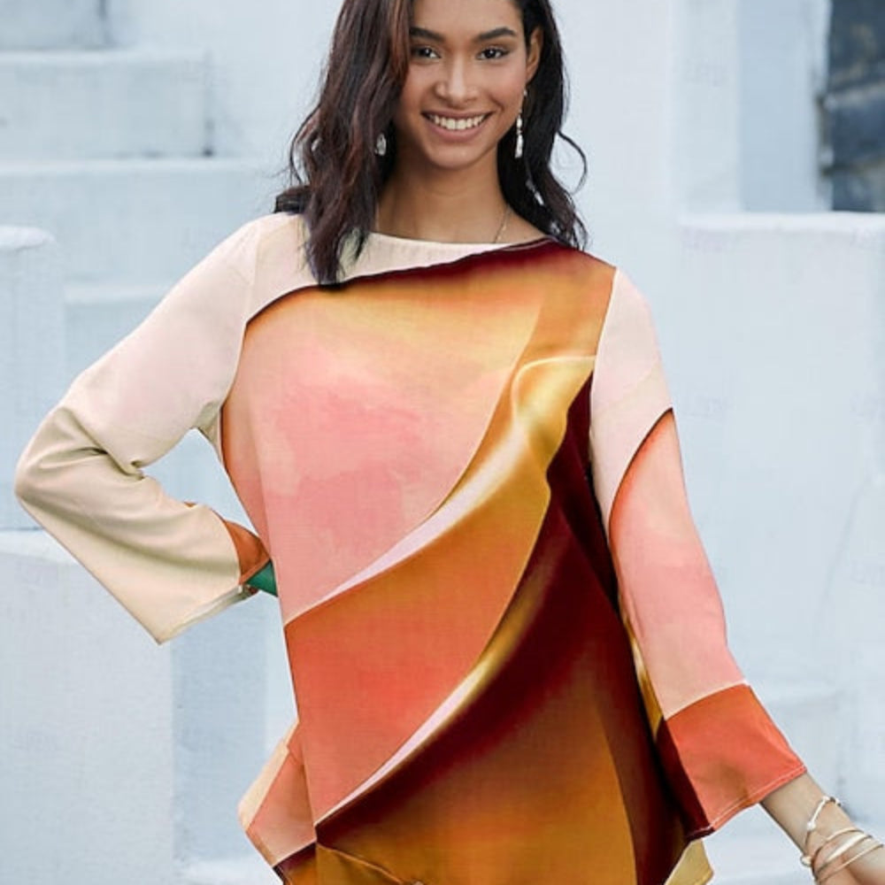 Women's Abstract Print Long Sleeve Blouse - Loose Asymmetrical Top