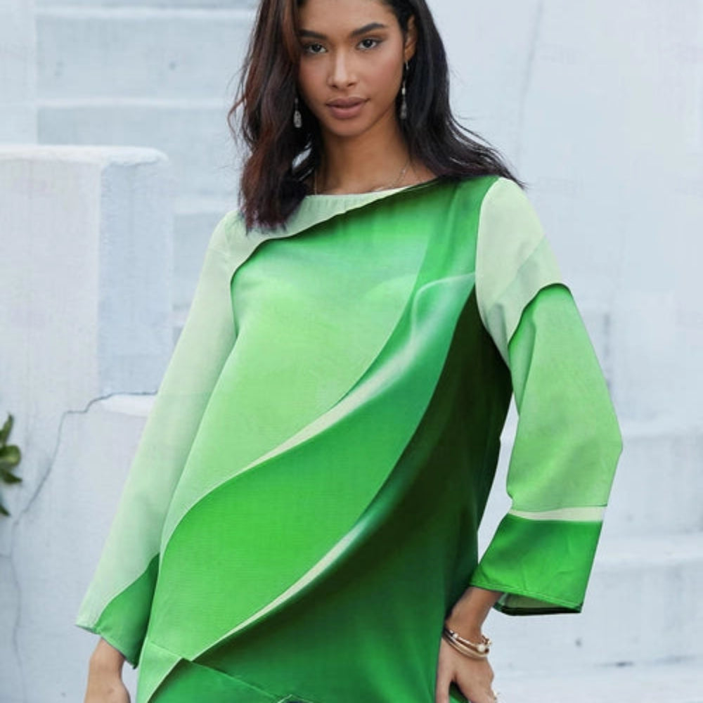 Women's Abstract Print Long Sleeve Blouse - Loose Asymmetrical Top