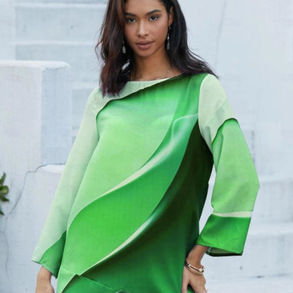 Women's Abstract Print Long Sleeve Blouse - Loose Asymmetrical Top