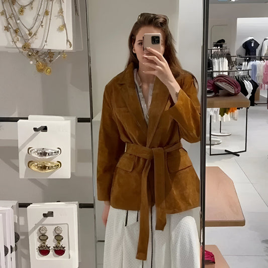 Women's Belted Suede Coat - Long Sleeve Elegant