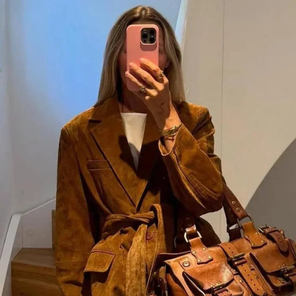 Women's Belted Suede Coat - Long Sleeve Elegant