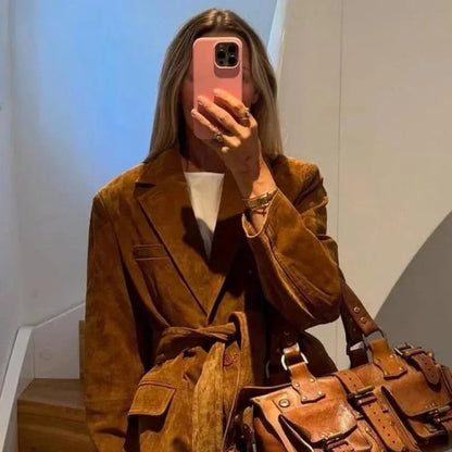 Women's Belted Suede Coat - Long Sleeve Elegant