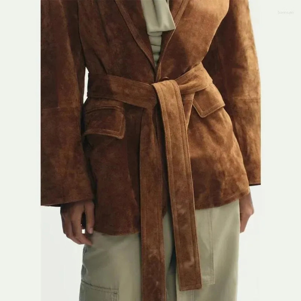 Women's Belted Suede Coat - Long Sleeve Elegant