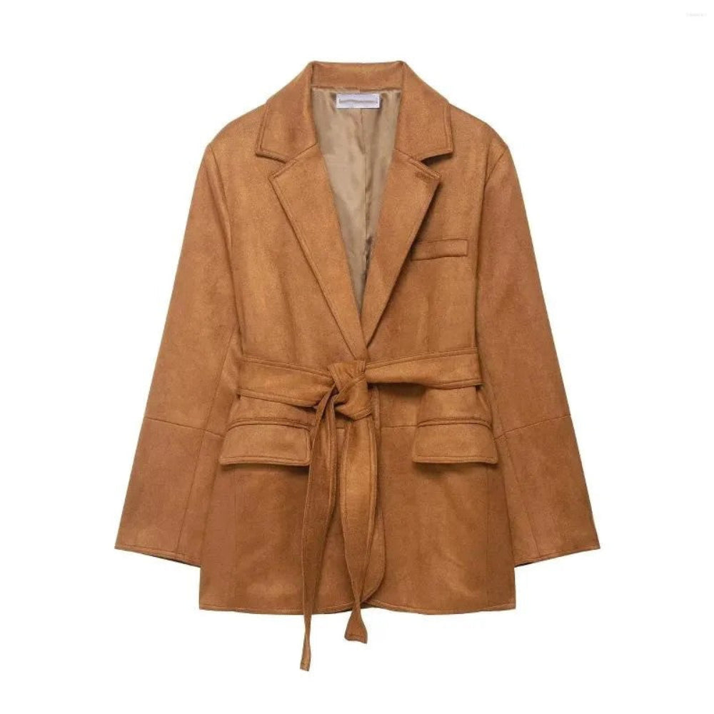 Women's Belted Suede Coat - Long Sleeve Elegant