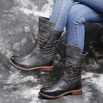 Women's Black Lace-Up Mid-Calf Boots Studded Detail 5