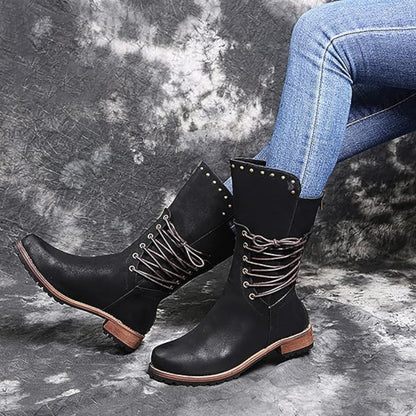 Women's Black Lace-Up Mid-Calf Boots Studded Detail 7